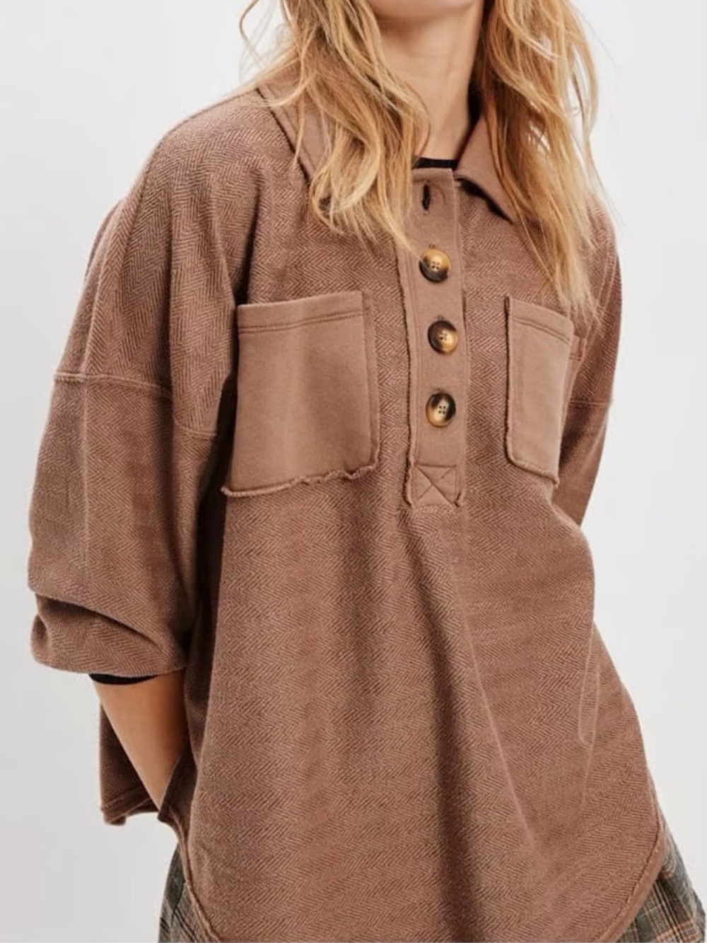 American Eagle Outfitters Brown Button-Up Pocket Pullover